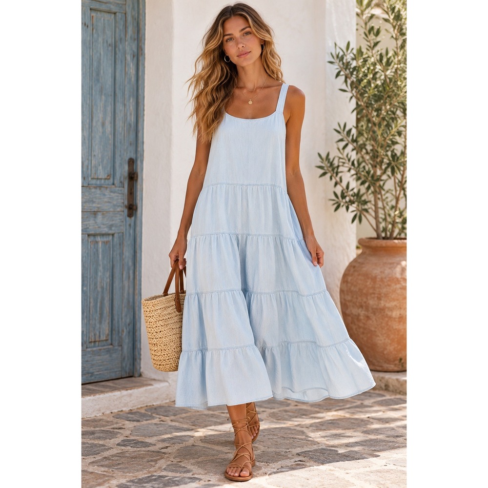 Tuckernuck Pomander Place Lola Chambray Tiered Midi Dress (MSRP: $148) XXL